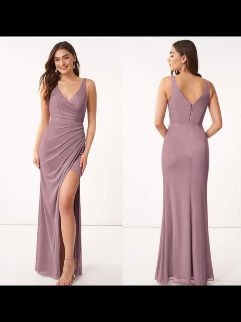 Azazie Dusty Mauve V-Neck Ruched Side-Slit Gown